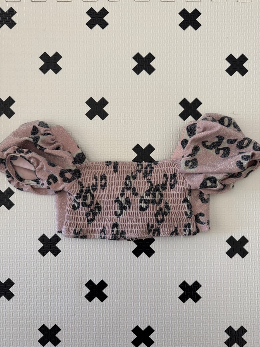 Shade Critters Shimmery Pink Leopard Print Smocked swim Top with Puff Sleeves 3T
